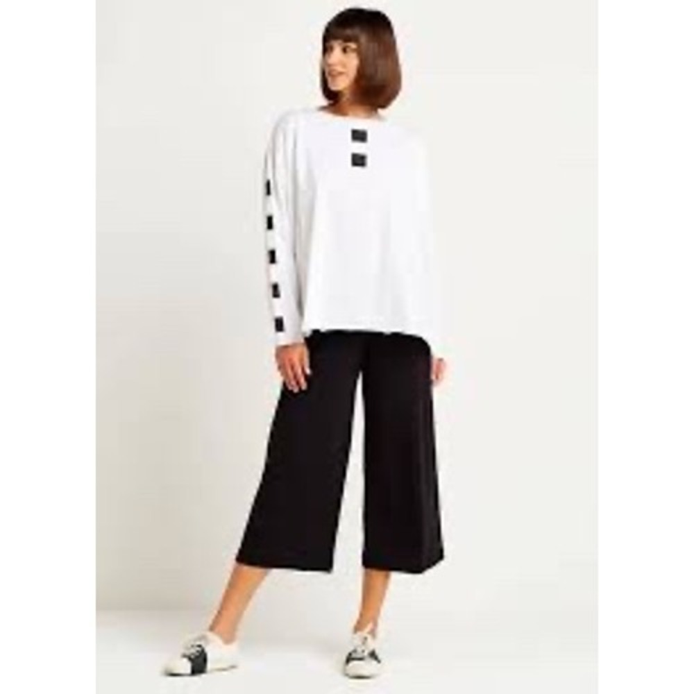 Planet Lauren G Long Sleeve Top Women OS White Graphic Pima Cotton Boxy Raw Hem